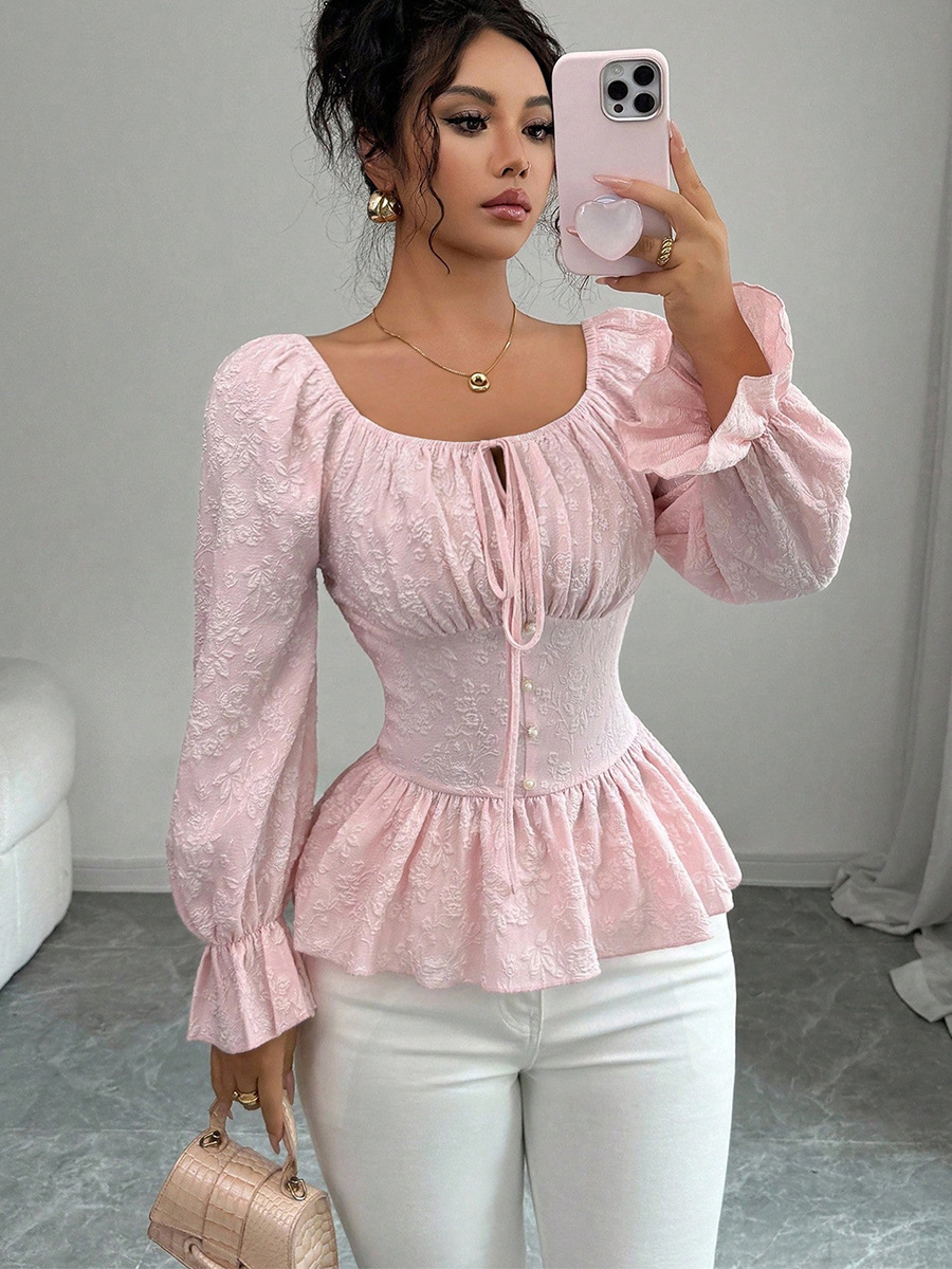 Ruihou Women's French Design U Neck Tie Waist Long Sleeve Blouse Casual Elegant Fashion Thin Top For Spring/Autumn_ecoleips.com
