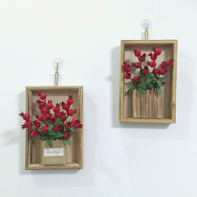 Año Nuevo cuadrado de madera colgante de pared sala de estar colgantes de pared decoración del hogar floral cuttings bayas rojas granada rica