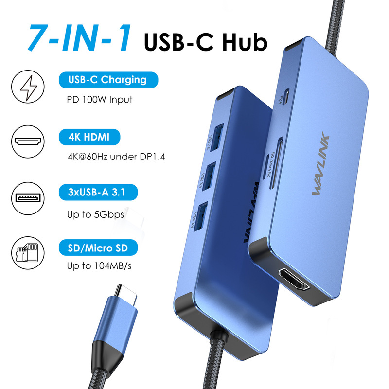 WAVLINK SD/TF Card Reader 100w PD 7-in-1USB C 4k HDMI Docking Station UHP3416