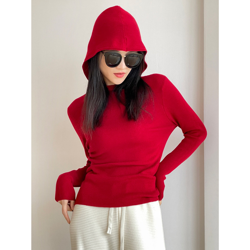 New Red Hooded Knitwear for Women in Autumn and Winter New Slim Fit Inner Base Knitwear Long-Sleeved Pullover Top