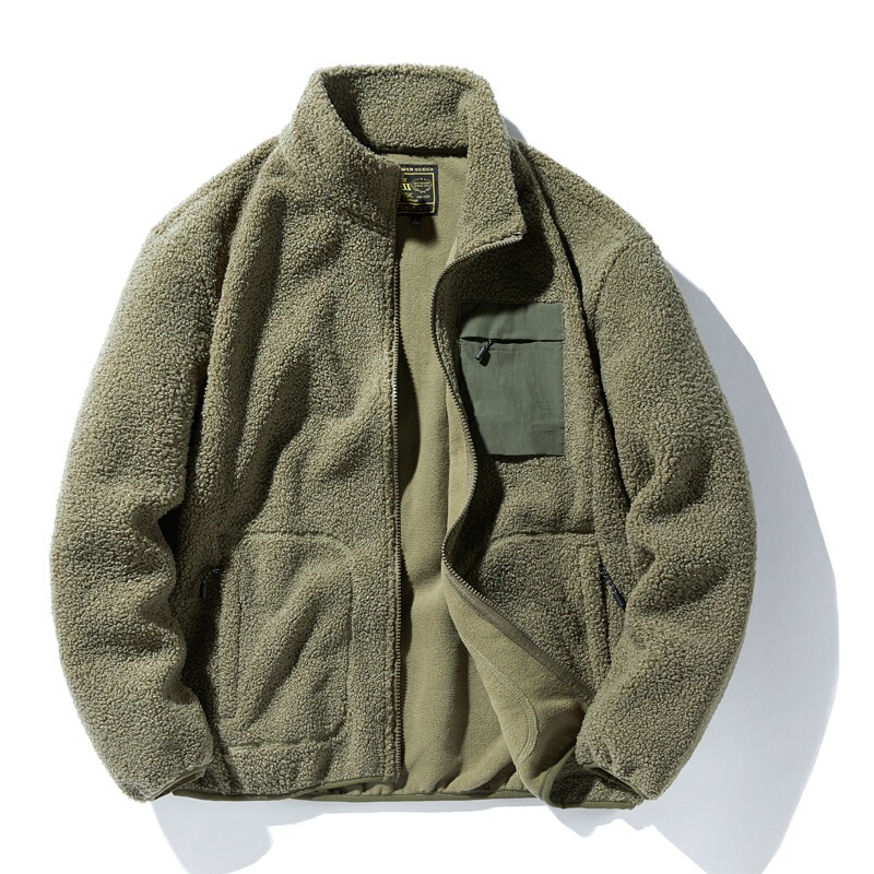 Outdoor Sports Teddy Fleece Jacket Men's Autumn and Winter Fleece Jacket Stand Collar Loose fleece-lined Thickened Warm Jacket Explosions