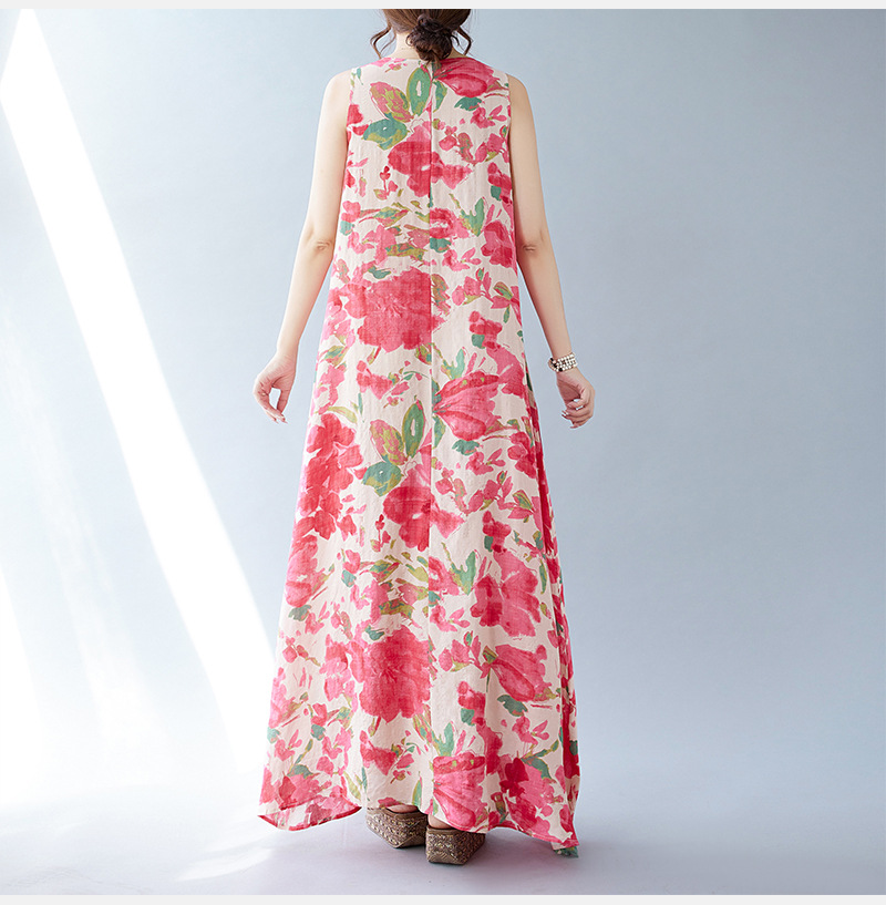 Real Shot Of The 2024 Summer New Bohemian Artistic Loose Sleeveless Round-neck Printed Mid-length Dress For Women_ecoleips.com