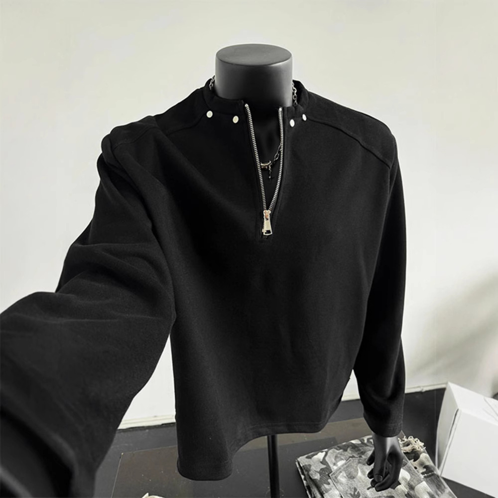 黑色半拉链垫肩卫衣男春秋美式高街柳钉长袖T恤短款外套休闲百搭