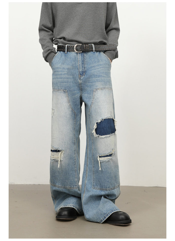 Quần jeans nam dáng rộng ống đứng phong cách Mỹ, wash xước rách phối vải — màu xanh chi tiết 8
