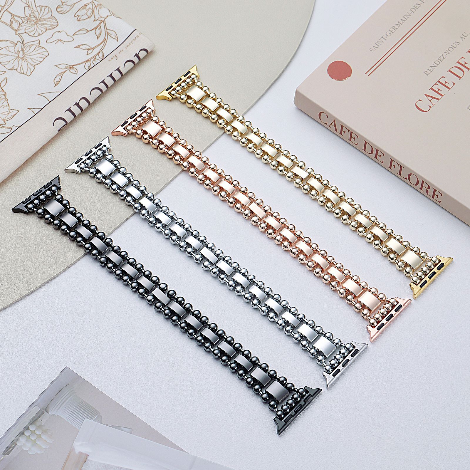 Suitable for Applewatchs11 Round Bead Three-Bead Strap Iwatchs10 Metal Women's Watch Strap 20mm