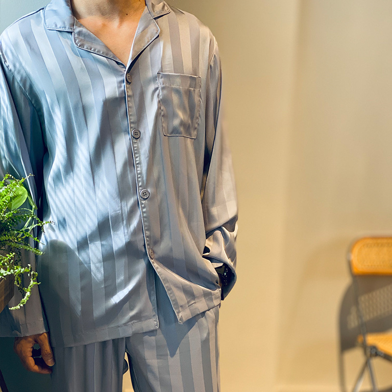 Striped Haze Blue Men's Pajamas Simple Atmospheric Long-sleeved Trousers Spring and Autumn Home Clothes Autumn and Winter Two-piece Satin