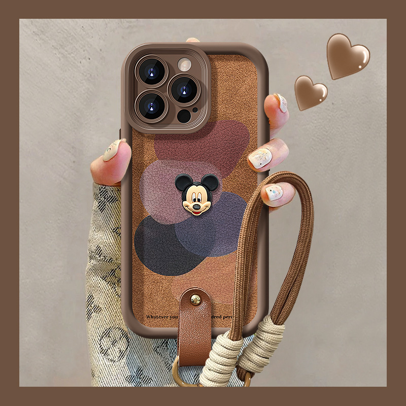 色块米奇挂绳适用苹果16promax手机壳iphone13小羊皮15硅胶14防摔|undefined