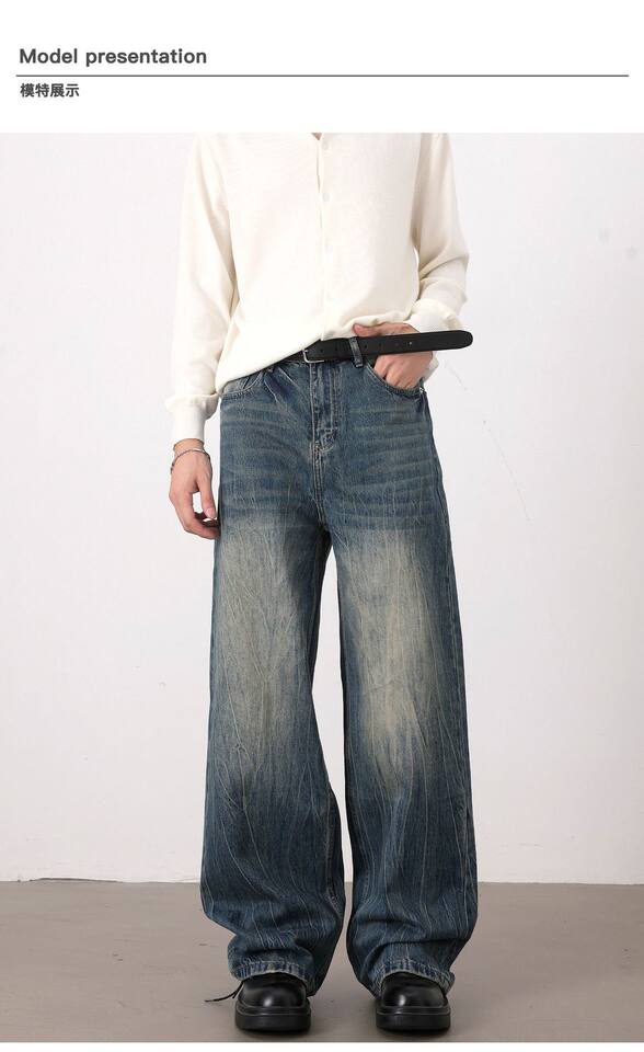 Quần jean nam ống rộng dáng suông màu xanh wash, râu mèo, phong cách đơn giản dễ phối đồ — Màu xanh dương chi tiết 9