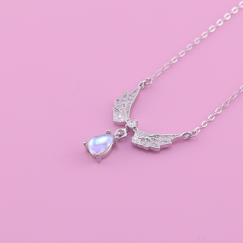 Collana con ali d'angelo in argento sterling per donna, lusso versatile, ali piccole e uniche, ciondolo in pietra al chiaro di luna_voghion.com