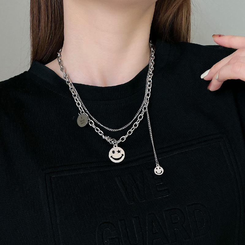 ins style hip hop smiley face necklace female smile clavicle chain light luxury niche design titanium steel neck Double Layer accessories