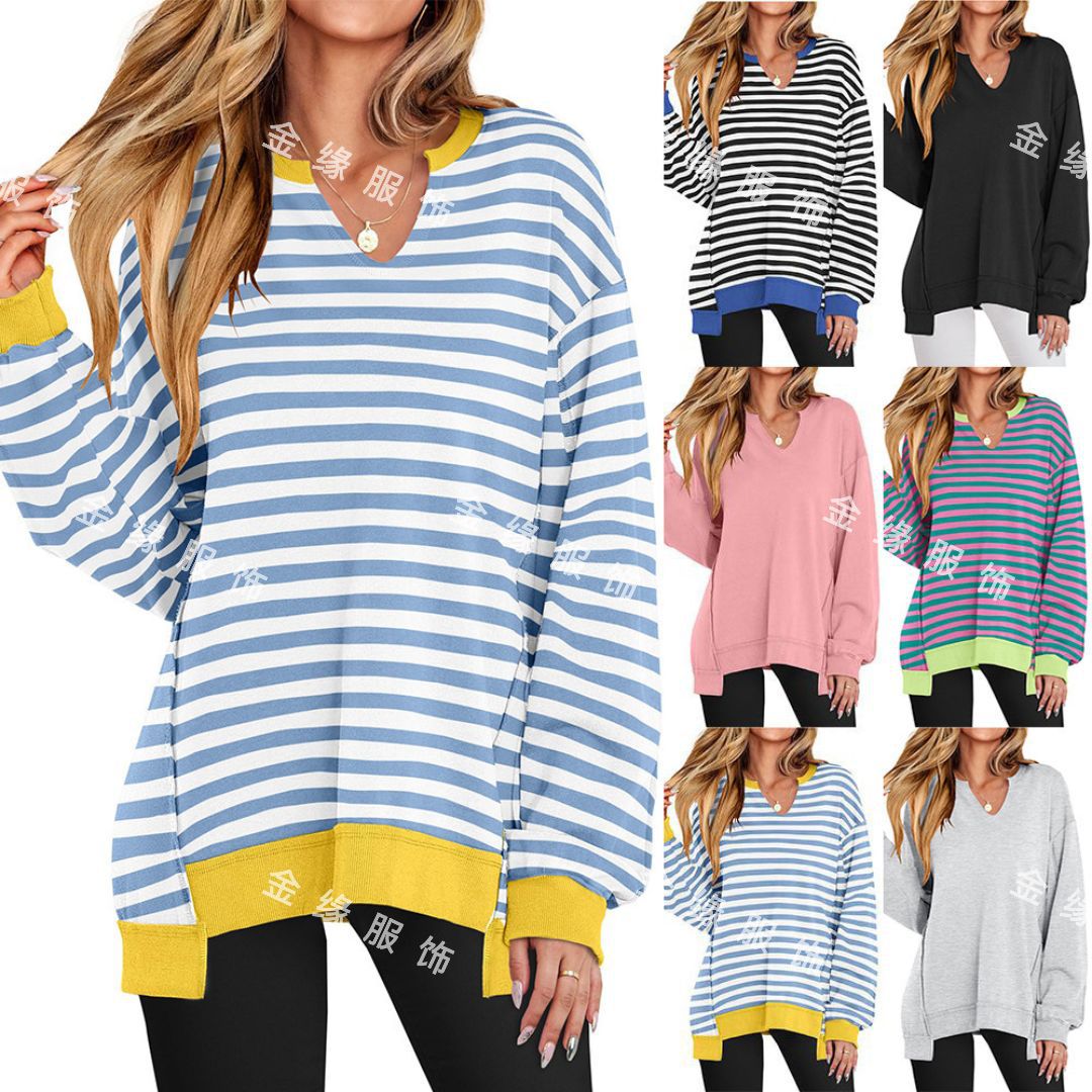 Amazon 2025 European and American Cross-Border Export Autumn and Winter New Colorful Stripesd V Neck Loose Sweatshirt Sweatshirt for Women