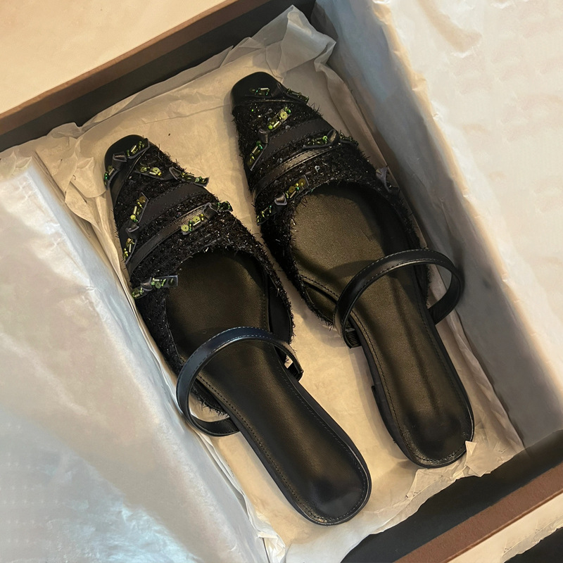 Versión de piel de oveja ~ nicho de diseño de sandalias de cuero auténticas mujeres Xia Ping talón de diamante medio trapezo para usar zapatillas de tacones bajos