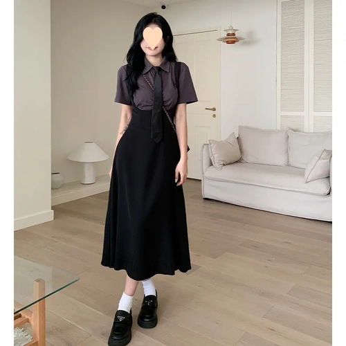 Sweet and Spicy School Style Unisex Women's Oversized Blouse + Tied Waist Pleated Short/Long Dress Sexy Fashion Set