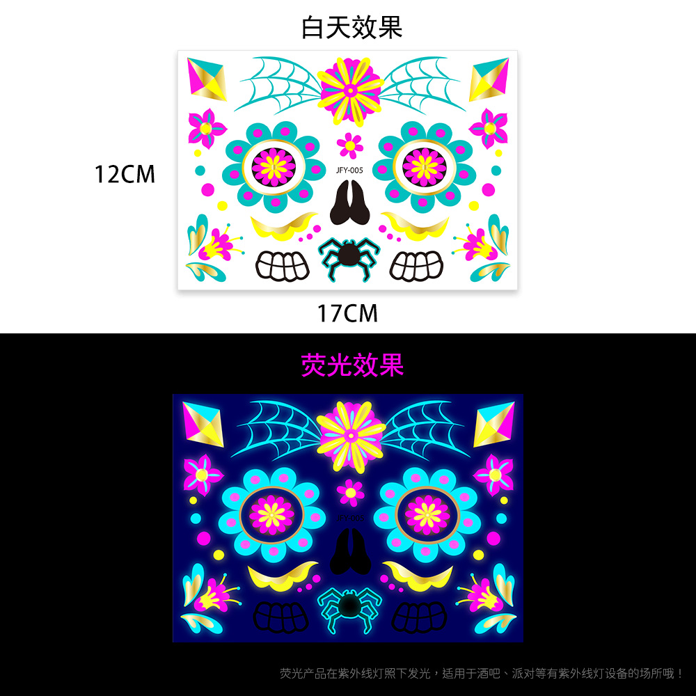 Tatuajes Temporales Metalizados para Cara de Papel de Transferencia de Agua, Fluorescente para Fiesta de Halloween