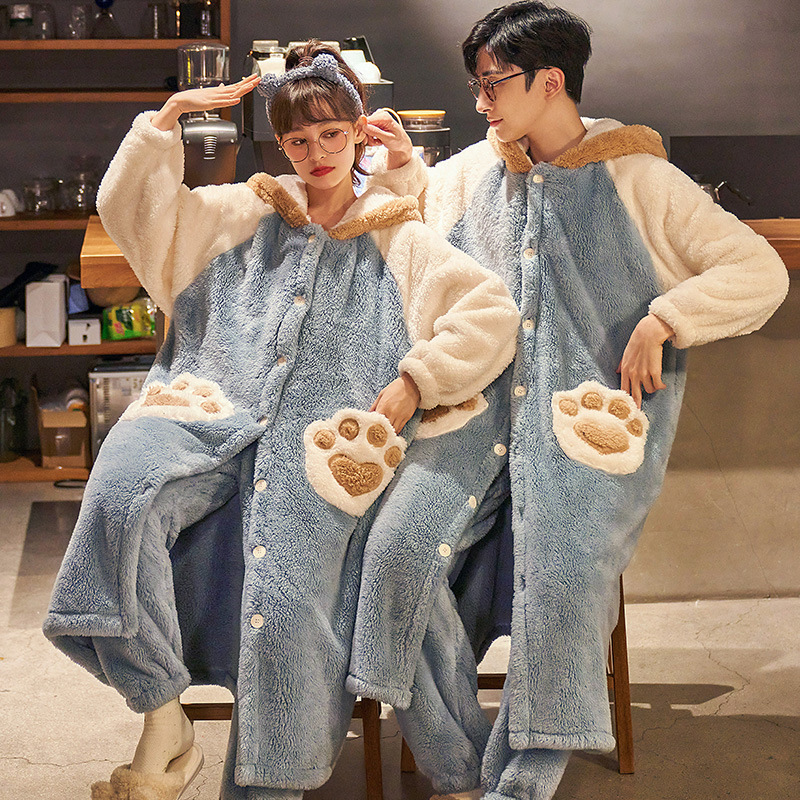 カップル用パジャマ 冬用 コーラルフリース 厚手 秋冬用 男女兼用 裏起毛セット 冬用ナイトガウン ホームウェア