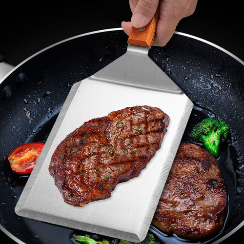 430 stainless steel cooking spatula with wooden handle, flat pancake spatula, steak spatula, Teppanyaki hand-grilled pancake wide-faced barbecue spatula