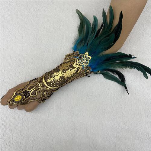 European and American Cross-Border Halloween Feather Bracelet Gothic Style Feather Gloves with Hollow Gold Lace Edge Ribbons Arm Cover