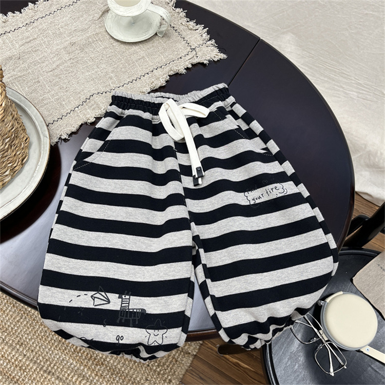 Pantaloni sportivi casual da bambino e bambina in stile occidentale, grandi pantaloni in PP per neonati, pantaloni larghi a righe in cotone per bambini_voghion.com