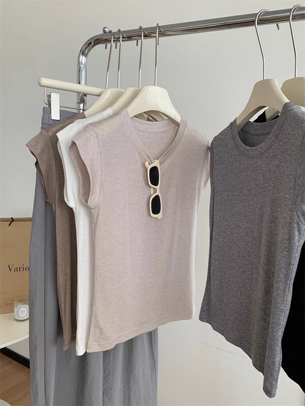 Lightweight and Comfortable Pure Cotton Sleeveless Shoulder T-shirt Vest Women's 2024 Summer Slim-fit Small Flying Sleeve Short T-shirt Top