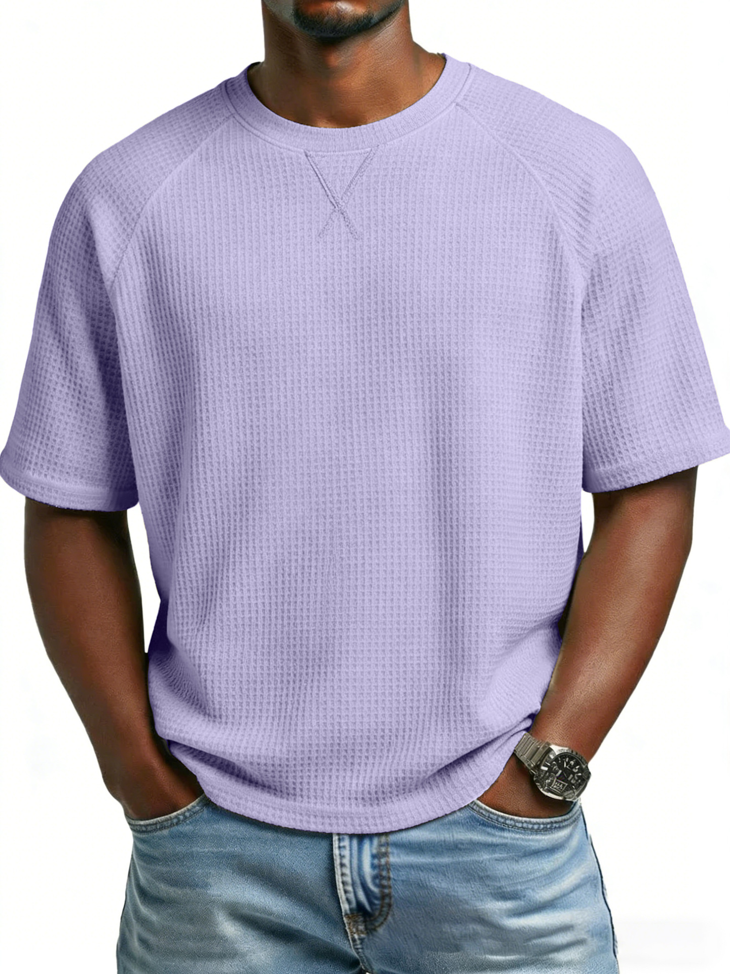 Europa y los Estados Unidos primavera y verano estación independiente transfronteriza hombre waffle de punto de manga de hombro cuello redondo TK manga corta camiseta de comercio exterior de hombre