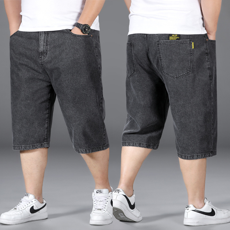 Summer Thin Plus Size Denim Shorts Men's Loose Casual Cropped Pants Elastic Wide Leg Fat Men Cross-Border