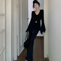 2025春季新款美式辣妹风气质修身显瘦长袖T恤女V领喇叭袖黑色上衣
