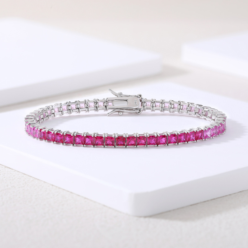 New S925 Silver Princess-Cut 3*3 Lab-Grown Sapphire Pink Gradient Women's Tennis Niche Design Bracelet