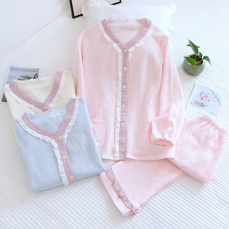 Color matching crepe suit pajamas women's spring and autumn cotton long sleeve girl's home suit a generation of hair