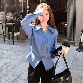 衬衫女小个子春季蓝色收腰时尚气质内搭上衣设计小众长袖翻领衬衣