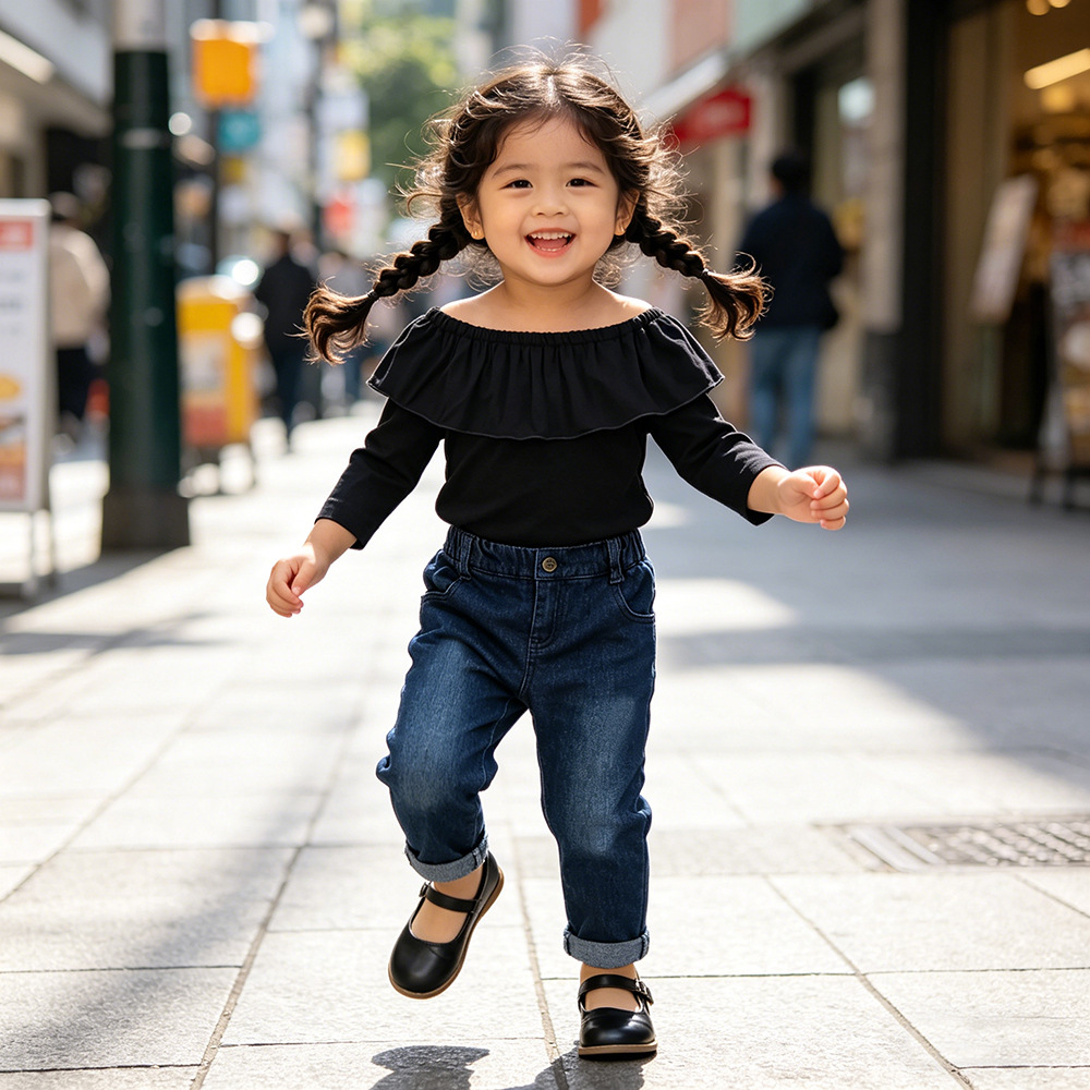 Girls' denim suit summer and autumn ins fashion long sleeve off-shoulder top + pants two-piece children's clothing wholesale