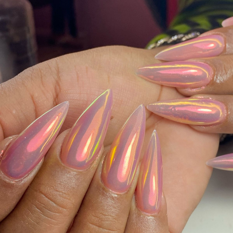 Long Pointed Nails with Chrome-Plated Mirror Acrylic, Pink Glitter, Sweet Aurora Style, European and American Ins-Style, Cross-Border Hot Sale Long Pointed Nails with Chrome-Plated Mirror Acrylic, Pink Glitter, Sweet Aurora Style, European and American Ins-Style, Cross-Border Hot Sale