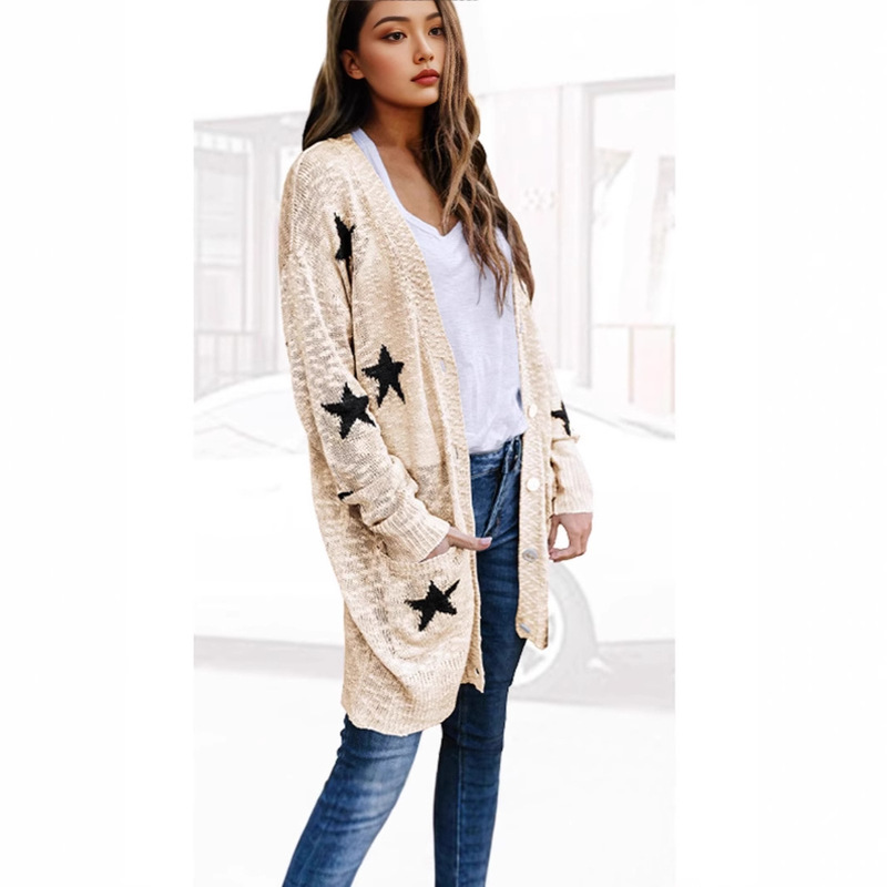 Women's Star Coat Button Knitted Cardigan with Pocket Lazy Sweater Cardigan Loose