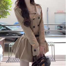 韩系学院风美拉德长袖连衣裙女早秋2025新款收腰a字棕色花苞裙子