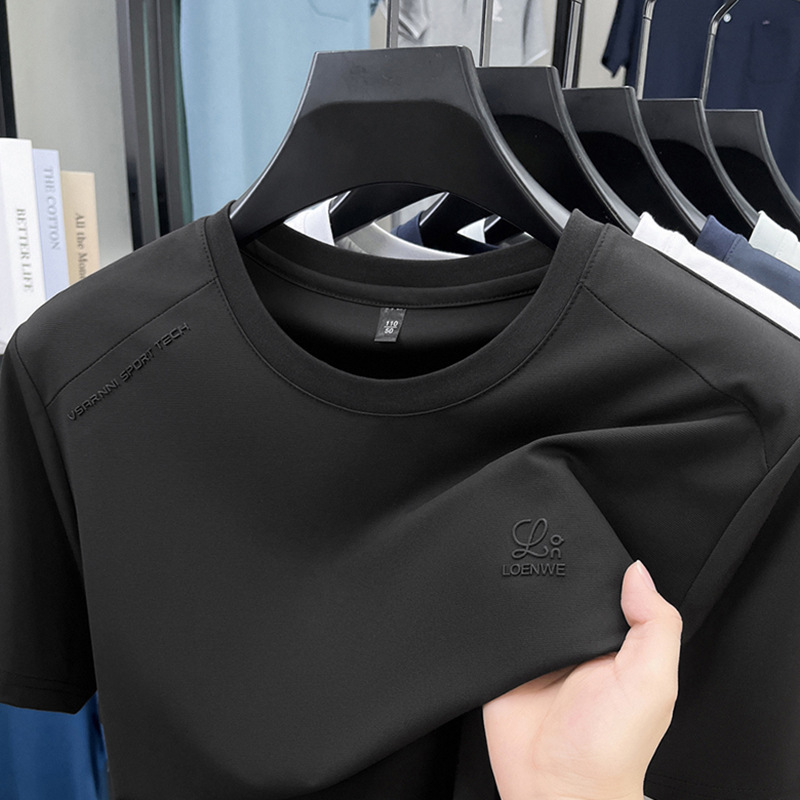 ラウンドネック Tシャツメンズ夏の新しい薄いアイスシルクルーズ通気性カジュアルファッションハイエンド半袖メンズ Tシャツドロップシッピング|undefined