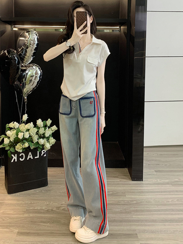 时尚潮流休闲运动套装女夏2025新款无袖衬衫上衣牛仔阔腿裤两件套|undefined