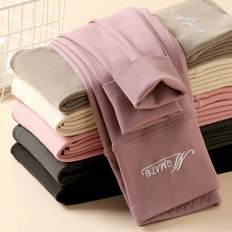 315326刺绣保暖裤女秋裤德绒双面加绒打底裤秋冬季可外穿高腰长裤