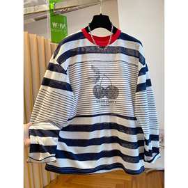 【胖妹妹】韩系穿搭撞色条纹长袖t恤女早秋松弛感大码休闲上衣服