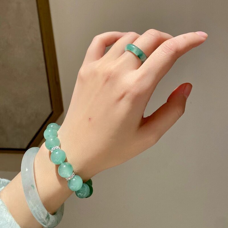 非洲翠珠串手链女 12mm高冰飘花独龙玉珠珠手串国风纯银隔珠国风|undefined