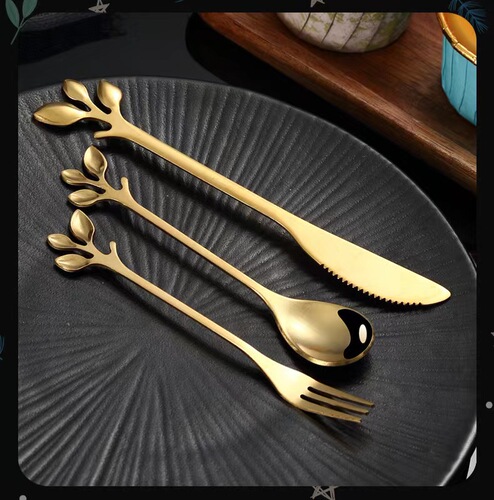 Stainless steel leaf spoon and fork creative dessert spoon moon cake knife and fork fruit fork spoon coffee stirring spoon bird's nest spoon