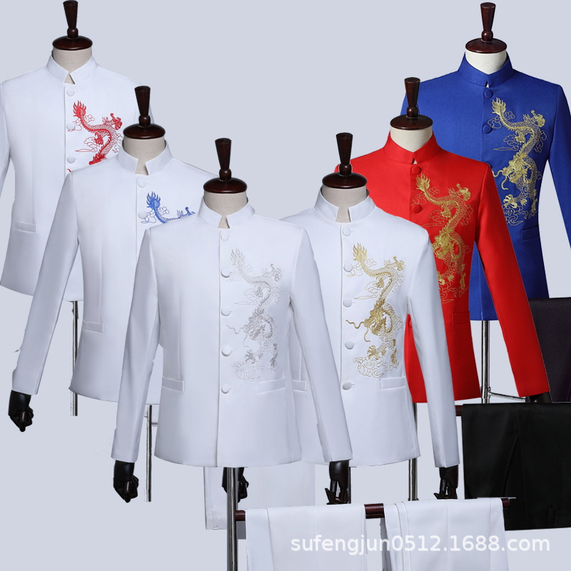 新款绣龙五四青年中山装男演出单位国庆大合唱朗诵比赛年会主持服