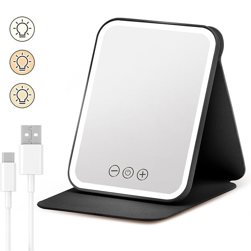 Factory Customized Cross-Border Led Mirror Leather Case Pu Leather Ultra-Thin Cosmetic Mirror Protective Cover Rechargeable Mirror Leather Case