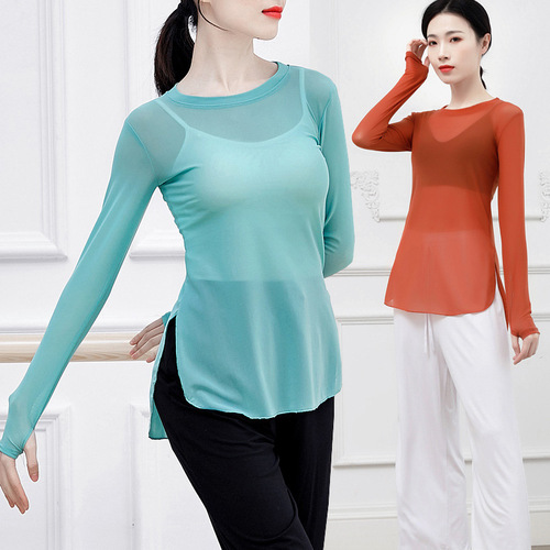 Modern classical folk dance practice clothes for women, body training teachers, yoga long-sleeved mesh finger tops for adults