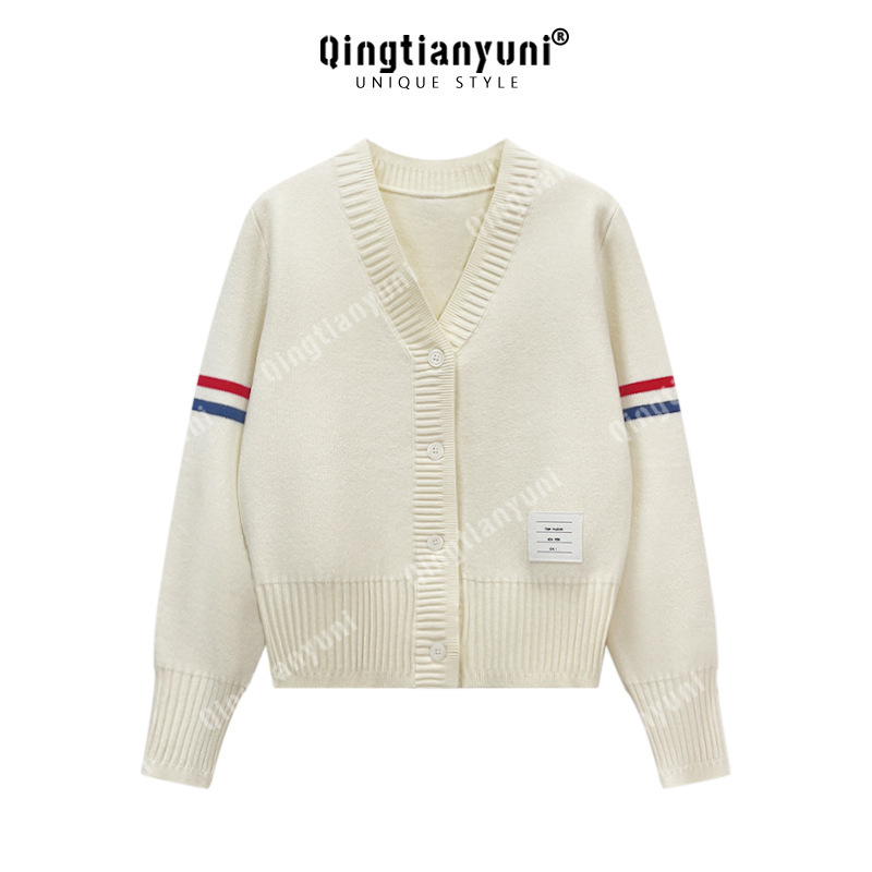 Designed Contrasting Stripesd Sleeves Knitted Cardigan Women's Long-Sleeved Top Baseball Uniform Preppy Age-Reducing Sweater Jacket V Neck Designed Contrasting Stripesd Sleeves Knitted Cardigan Women's Long-Sleeved Top Baseball Uniform Preppy Age-Reducing Sweater Jacket V Neck