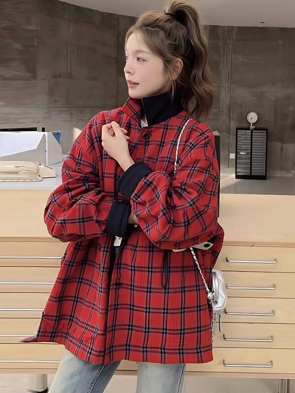 韩系设计感翻领格纹撞色外套女2025春秋季新款复古双面穿夹克上衣|undefined