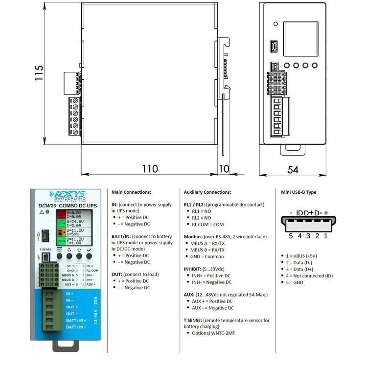 DIN轨道安装960W开关电源USB和MODBUS接口DC-UPS大电流电源DC-DC