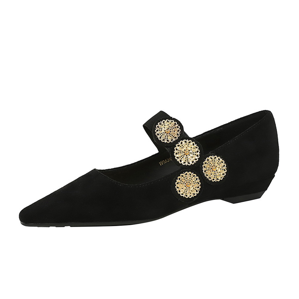 3683-1K92 Retro Style Versatile Slope Heel Suede Low Heel Metal Decorative Strap Shallow Mouth Pointed Women's Single Shoes