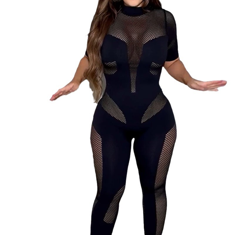 New style with hollowed out perspective mesh and sexy jumpsuit_voghion.com