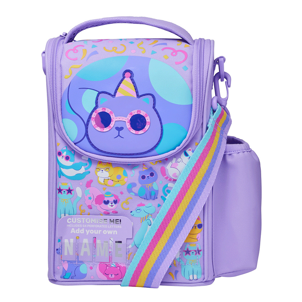 Bolsa térmica vertical con diseño de gato y gafas moradas.