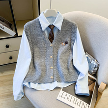 实拍 春季新款学院风马甲领带小马刺绣长袖衬衫三件套女套装均码