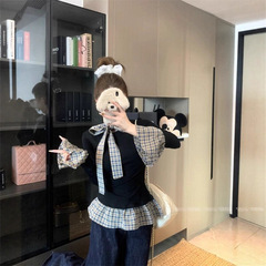 格子蝴蝶结假两件打底衫女春秋冬内搭独特别致设计感小众长袖上衣
